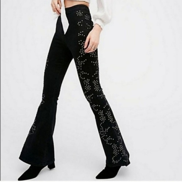 Free People Love Forever Studded Black Flare Denim Jeans Sz 29